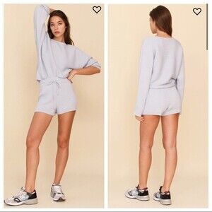 NWT Reformation Cort Short Sweater Set Ribbed Knit sky blue Cotton XL